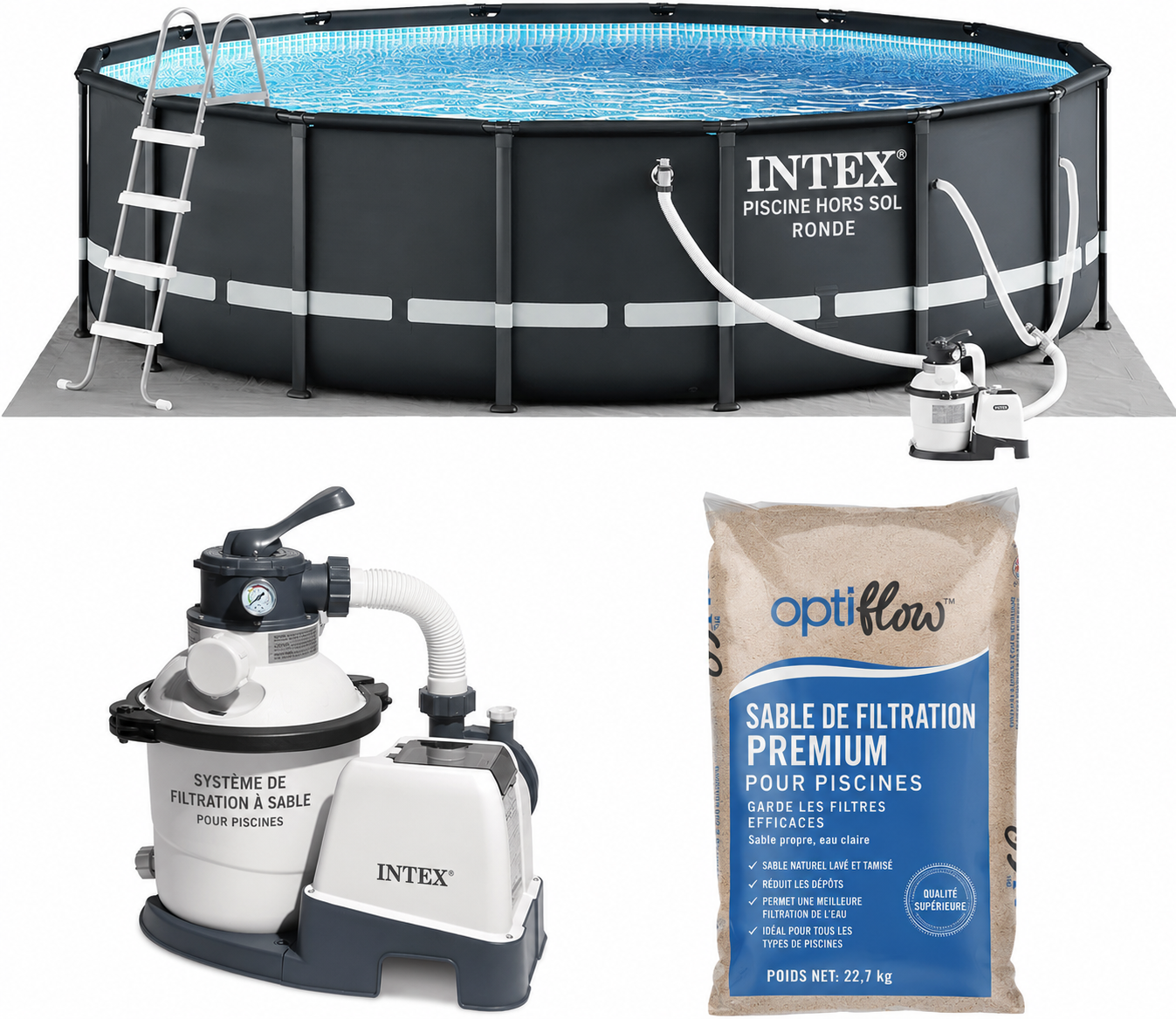 Ultra XTR 26325EH – Piscine hors-sol ronde 488 × 122 cm avec pompe de filtration à sable et 22,7 kg de sable filtrant premium OptiFlow.
