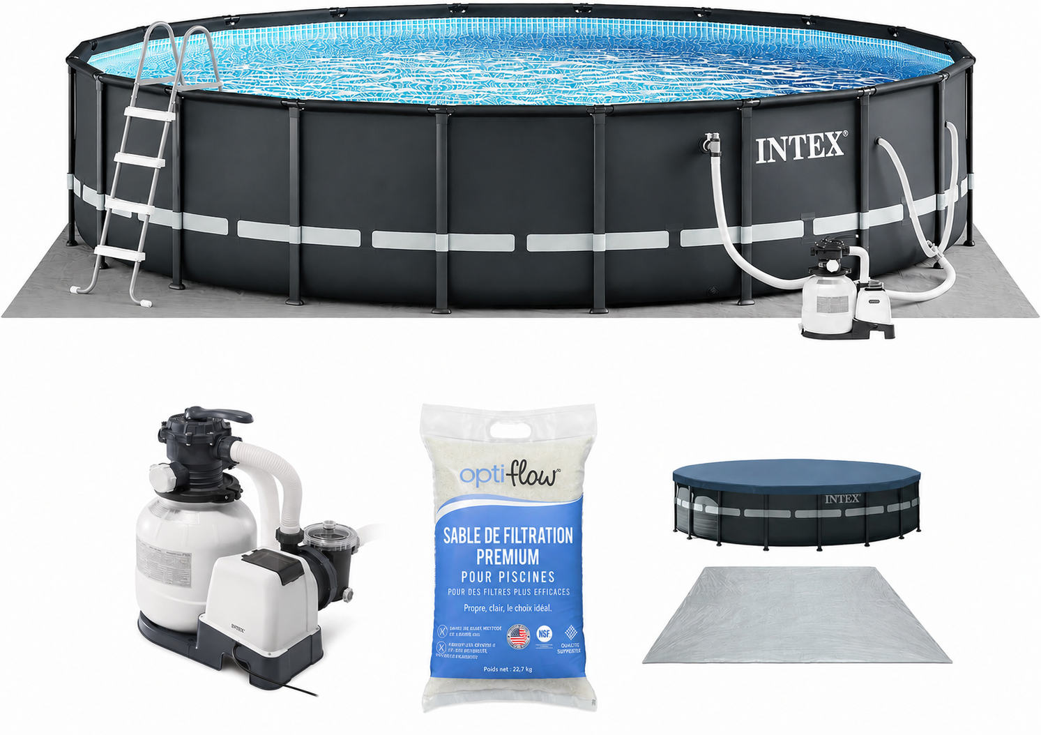 Ultra XTR 26325EH – Piscine hors-sol ronde 488 × 122 cm avec pompe de filtration à sable et 22,7 kg de sable filtrant premium OptiFlow.