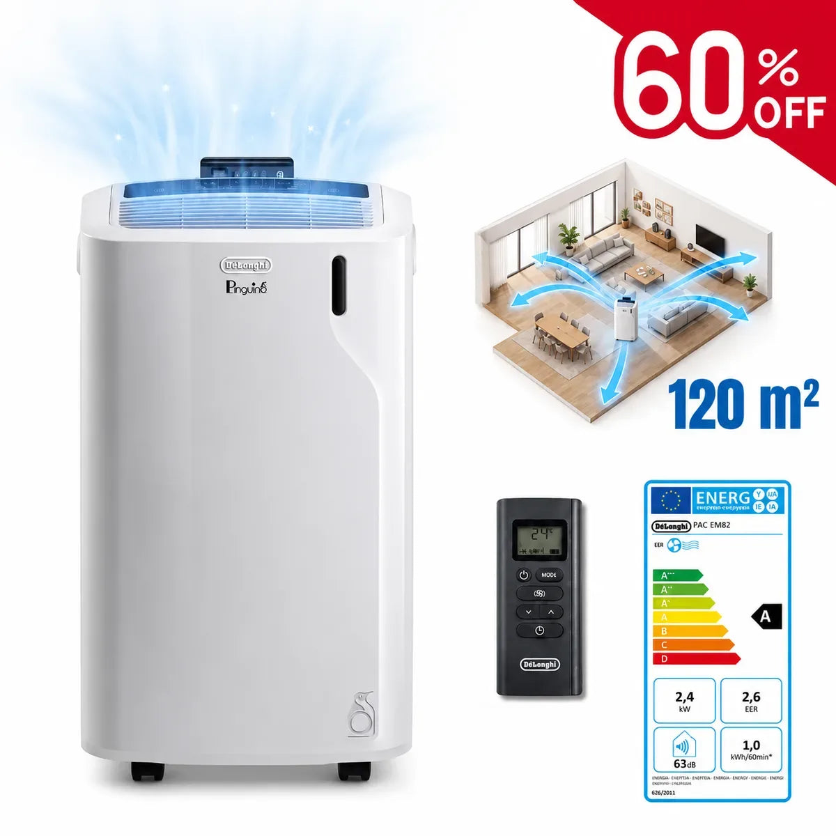 Pingouin 4-en-1 : climatiseur, chauffage, déshumidificateur et ventilateur.
